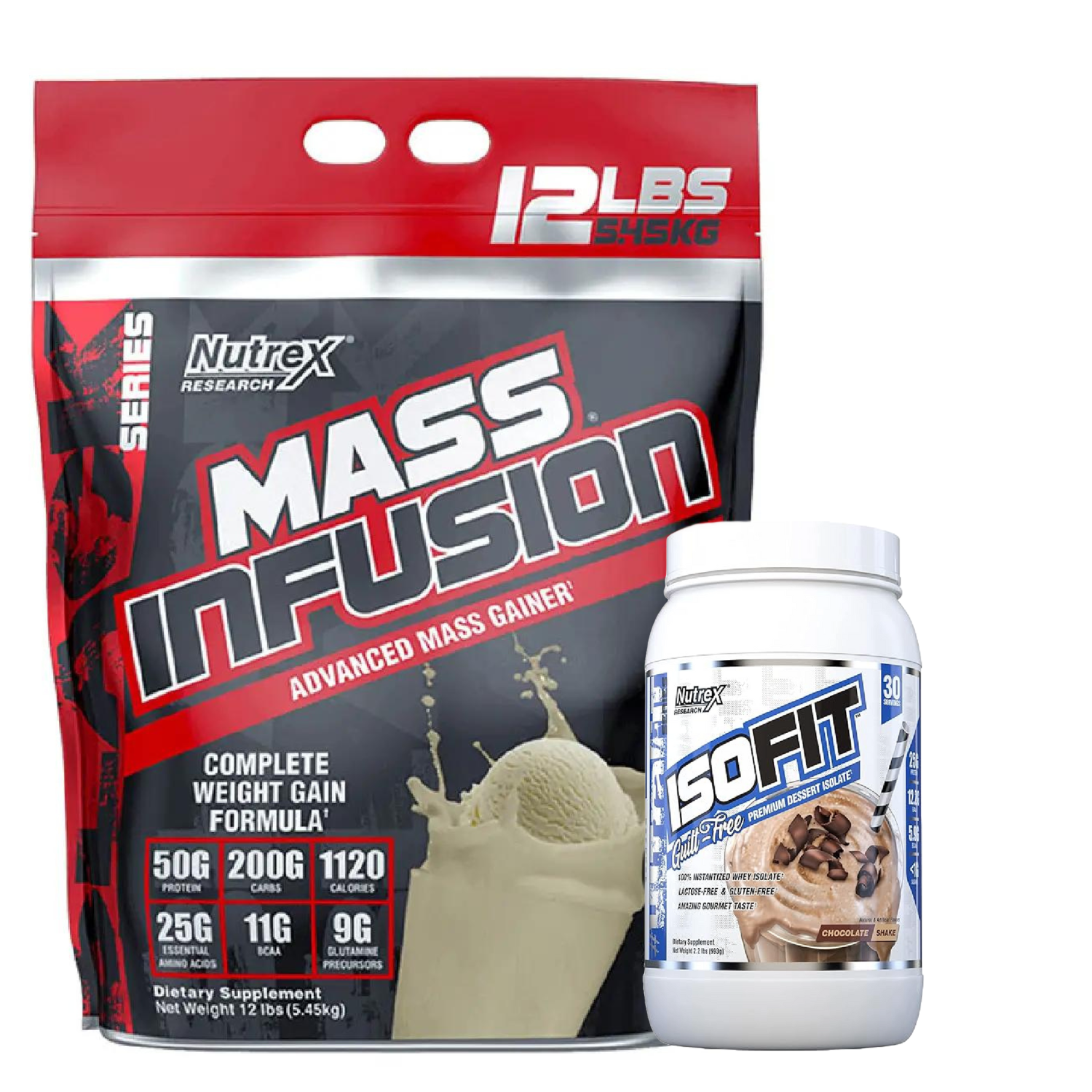 Nutrex Mass Infusion Advanced Mass Gainer and Whey Protein Powder Instantized 100% Whey Protein Isolate Bundle