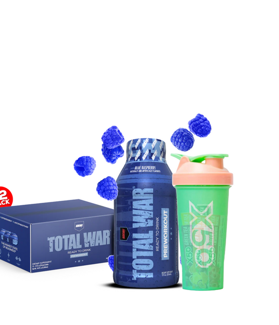 TOTAL WAR READY TO DRINK PREWORKOUT and X50 600 ml SHAKER GREEN and PINK Bundle