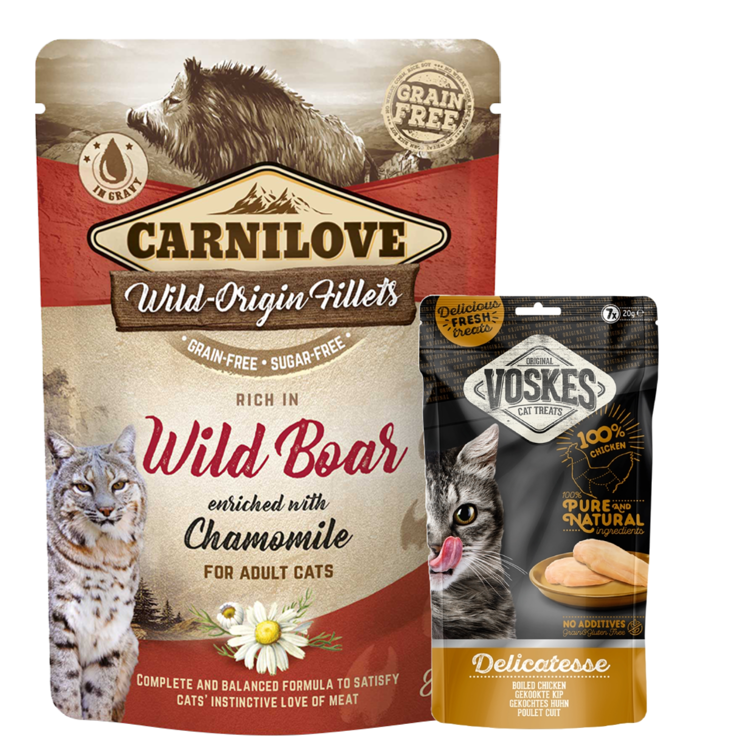 Carnilove Wild Boar enriched with Chamomile for Adult Cats  and Voskes Delicatesse Boiled Chicken for Cats Bundle