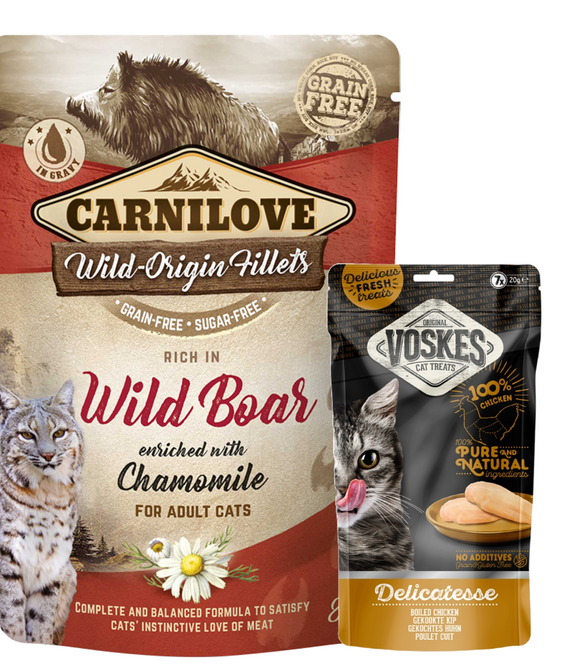 Carnilove Wild Boar enriched with Chamomile for Adult Cats  and Voskes Delicatesse Boiled Chicken for Cats Bundle