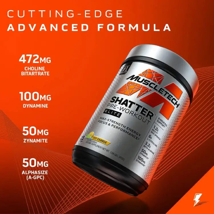 Pre Workout for Men & Women | MuscleTech Shatter Elite Pre-Workout | Preworkout Energy Powder | 8 Hour Nitric Oxide Booster + Beta Alanine | Focus + Strength | 350mg Caffeine | Icy Charge, 25 Servings